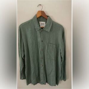 Flax Linen Button Down Shirt Oversized Green Long Sleeve Blouse Womens Top Sz S